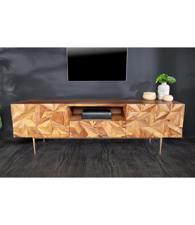 Invicta Interior Massives TV-Board ALPINE 160cm Sheesham steenafwerking Metall mat goud - 43448