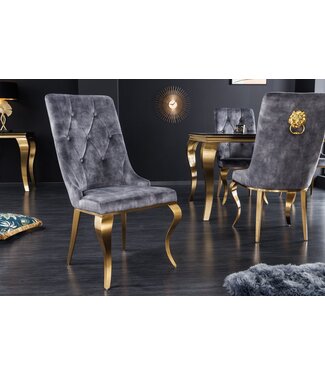 Invicta Interior Elegante stoel MODERN BAROK grijs fluweel met gouden leeuwenkop - 42318