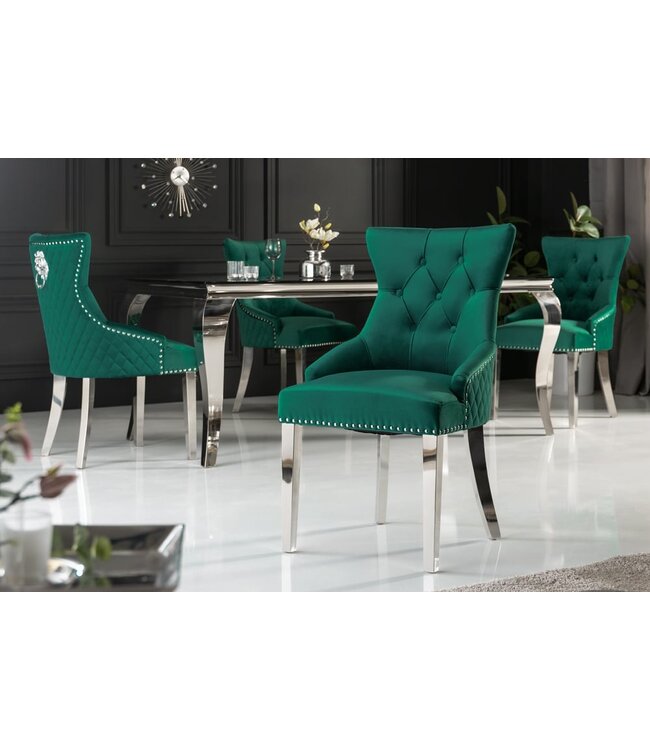 Invicta Interior Barokke stoel CASTLE DELUXE smaragdgroen fluwelen roestvrijstalen leeuwenkop - 43280