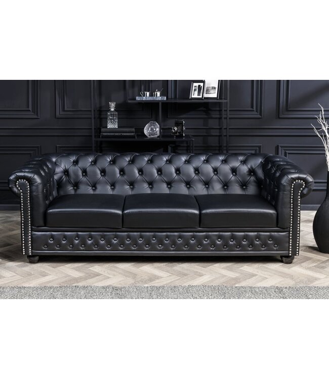 Invicta Interior Chesterfield 3-zitsbank 205cm zwart kunstleer klinknagels veerkern - 41447