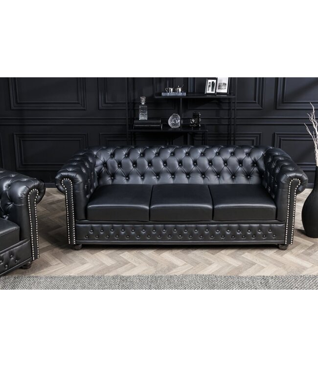 Invicta Interior Chesterfield 3-zitsbank 205cm zwart kunstleer klinknagels veerkern - 41447