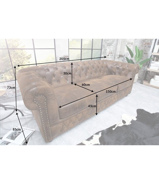 Invicta Interior Chesterfield 3-zitsbank 205cm zwart kunstleer klinknagels veerkern - 41447