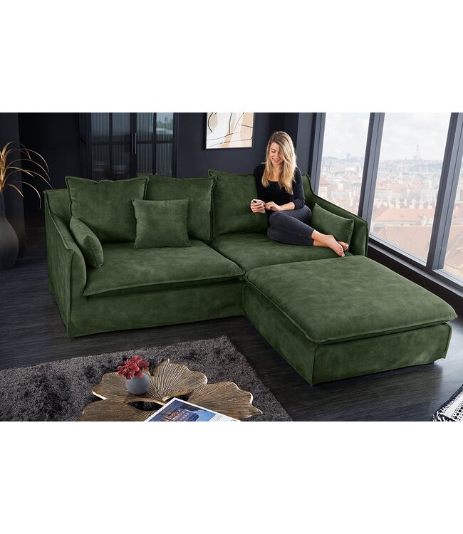 Invicta Interior Grote kruk HEAVEN 100cm donkergroen fluweel bankkruk in landelijke stijl wasbare hoes - 40834