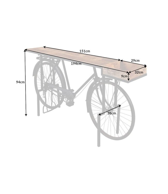 Invicta Interior Retro consoletafel BICYCLE 195cm mangohouten fietsbartafel upcycling - 42103