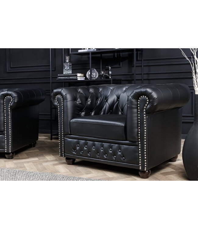 Invicta Interior Design fauteuil CHESTERFIELD 110cm matzwart knoopstiksel veerkern - 41448