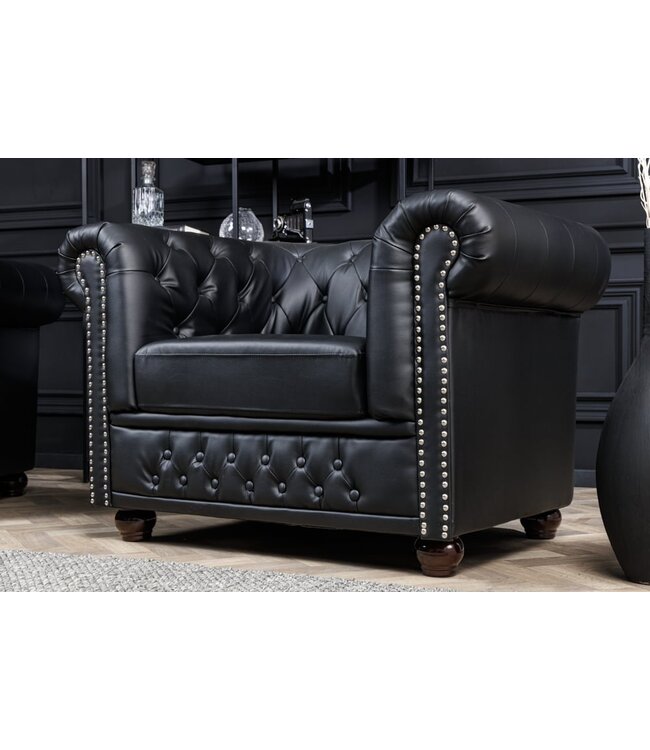 Invicta Interior Design fauteuil CHESTERFIELD 110cm matzwart knoopstiksel veerkern - 41448
