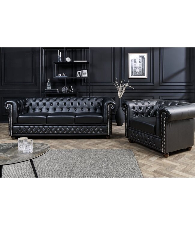 Invicta Interior Design fauteuil CHESTERFIELD 110cm matzwart knoopstiksel veerkern - 41448
