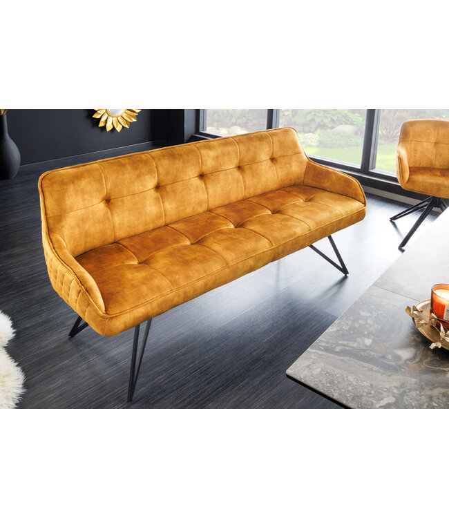 Invicta Interior Design bank EUPHORIA 160cm mosterdgeel fluweel retrostijl decoratief quilten haarspeldpoten metalen poten armleuningen - 43128