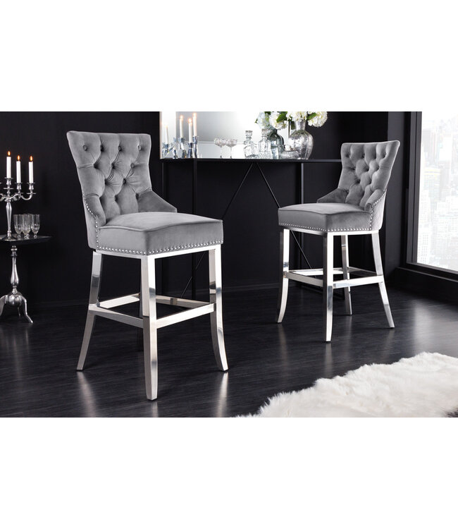 Invicta Interior Design barkruk CASTLE DELUXE grijs fluweel zilver roestvrij staal Chesterfield - 43213