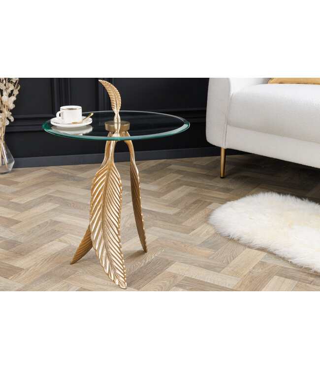 Invicta Interior Extravagante bijzettafel FEATHER 65cm goud glazen blad handgemaakt rond - 42720