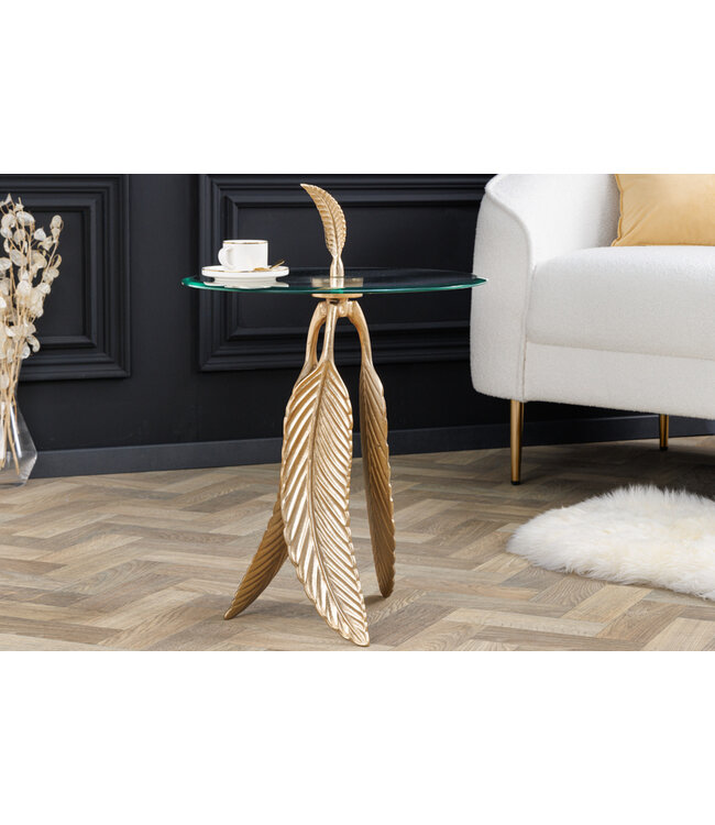 Invicta Interior Extravagante bijzettafel FEATHER 65cm goud glazen blad handgemaakt rond - 42720