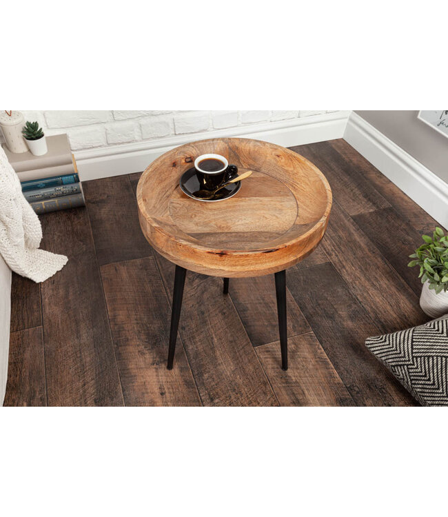 Invicta Interior Stevige bijzettafel PURE NATURE 35cm naturel mangohout rond met zwart metalen poten - 39669