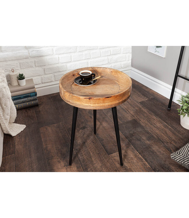 Invicta Interior Stevige bijzettafel PURE NATURE 35cm naturel mangohout rond met zwart metalen poten - 39669