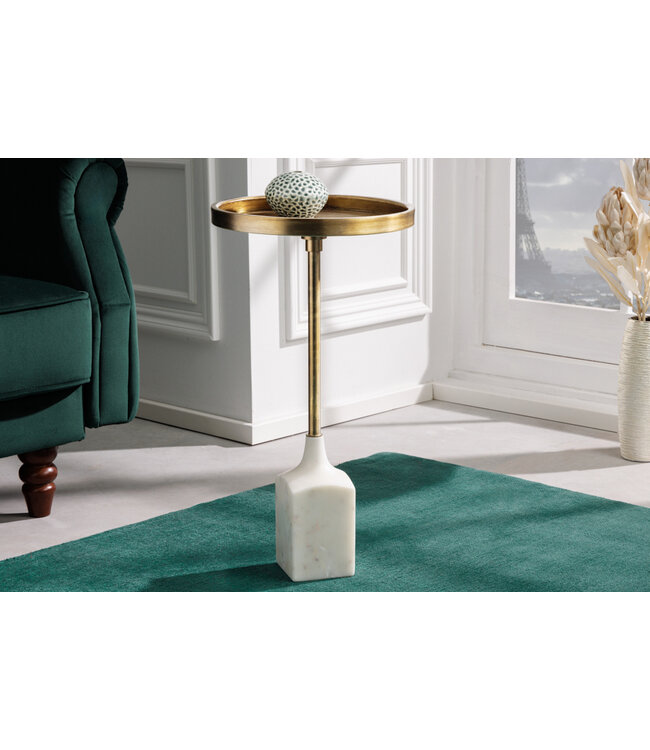 Invicta Interior Design bijzettafel TRAYFUL 60cm antiek goud wit marmeren voet handgemaakt rond - 42721