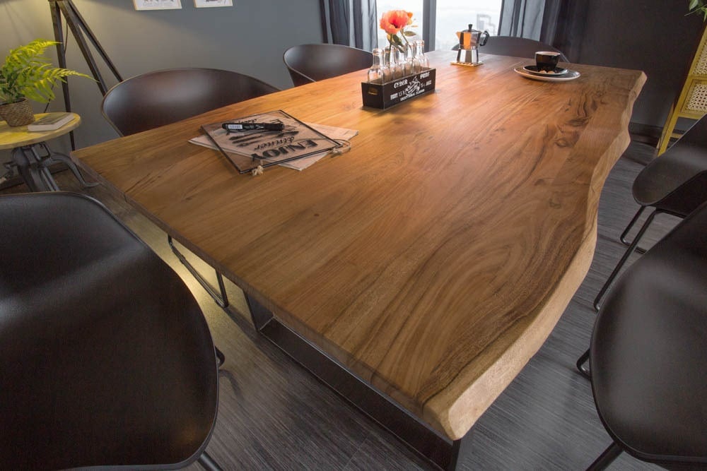 Massief houten eettafel MAMMUT 140 cm wilde acaciaboom rand industrieel design 2,6 cm tafelblad - 43426