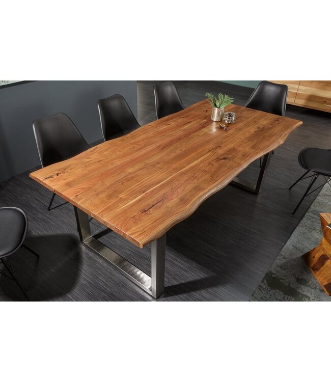 Invicta Interior Massief houten eettafel MAMMUT NATURE 160cm acacia roestvrijstalen boomrand 3,5cm tafelblad - 39391