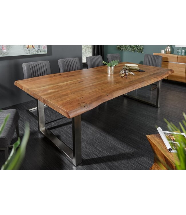 Invicta Interior Massief houten eettafel MAMMUT NATURE 200cm acaciaboom rand 6cm tafelblad roestvrijstalen poten - 40127