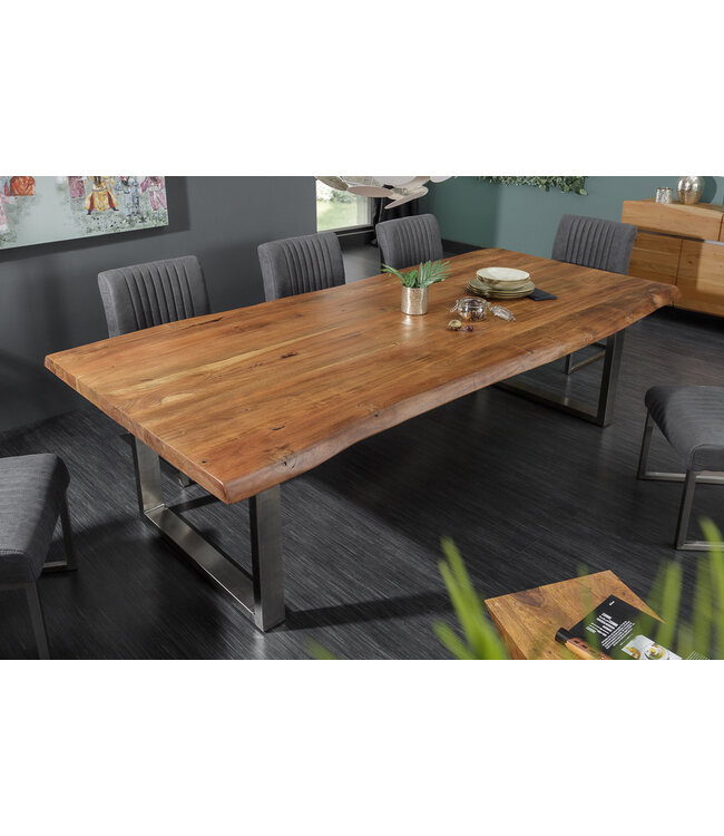Invicta Interior Massief houten eettafel MAMMUT NATURE 200cm acaciaboom rand 6cm tafelblad roestvrijstalen poten - 40127