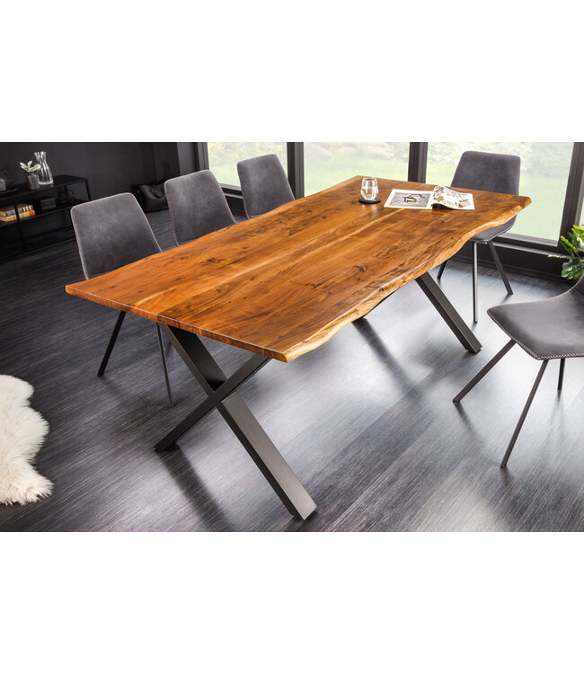 Invicta Interior Massief houten eettafel MAMMUT NATURE 180cm acaciaboomrand X-frame zwart 2,5cm tafelblad - 43146