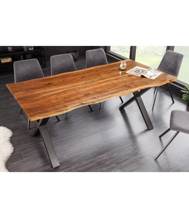 Invicta Interior Massief houten eettafel MAMMUT NATURE 180cm acaciaboomrand X-frame zwart 2,5cm tafelblad - 43146