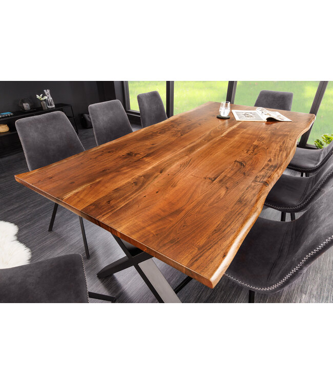 Invicta Interior Massief houten eettafel MAMMUT NATURE 180cm acaciaboomrand X-frame zwart 2,5cm tafelblad - 43146