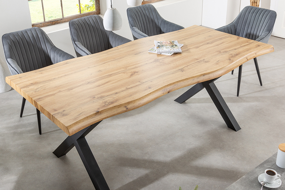 Industriële eettafel WILD 180cm naturel zwart wild eiken design boomrand hout metaal X-frame - 41332