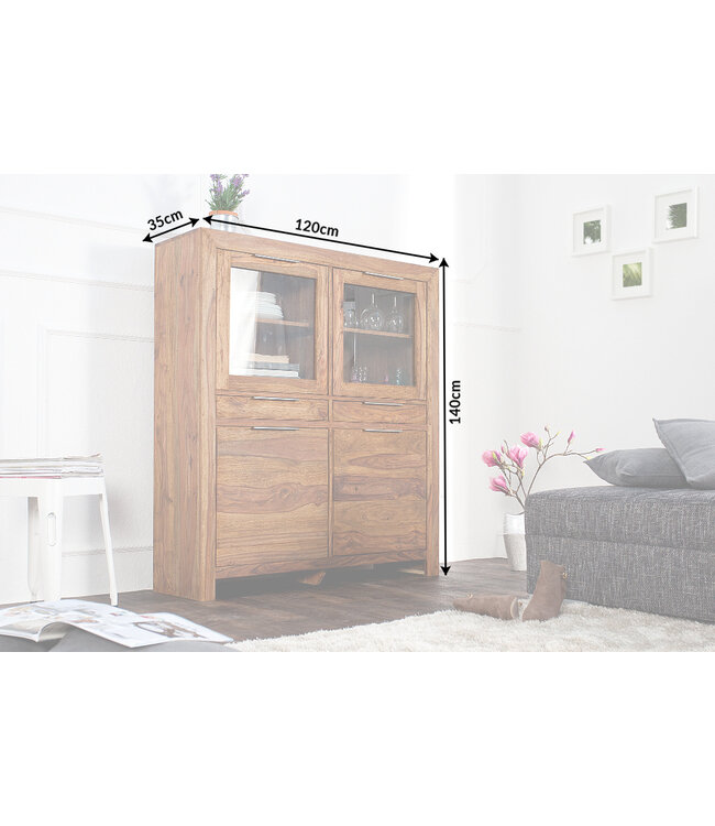 Invicta Interior Massives Highboard PURE 140cm Sheesham steenafwerking Vitrine Palisander - 22685