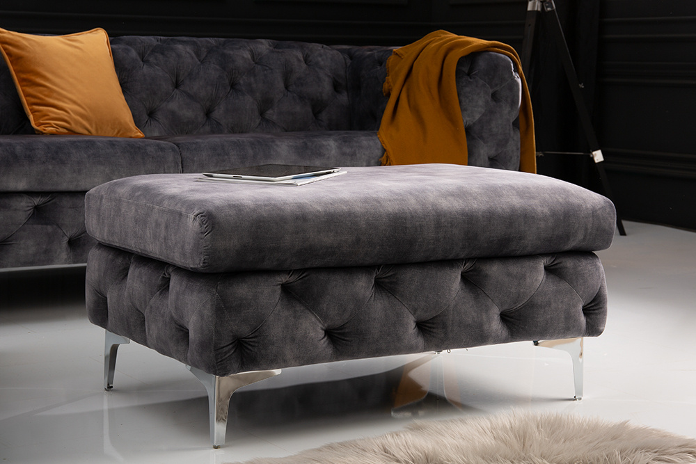 Chesterfield kruk MODERN BAROK 92cm donkergrijze fluwelen voetenbank - 41135