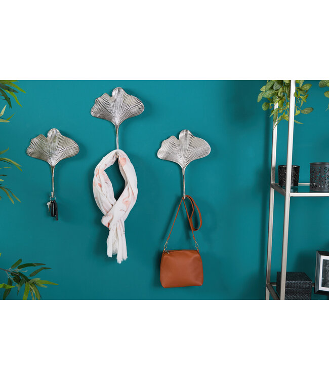 Invicta Interior Decoratieve kapstokhaak set van 3 GINKGO 30cm zilver handgemaakt metaal - 41784