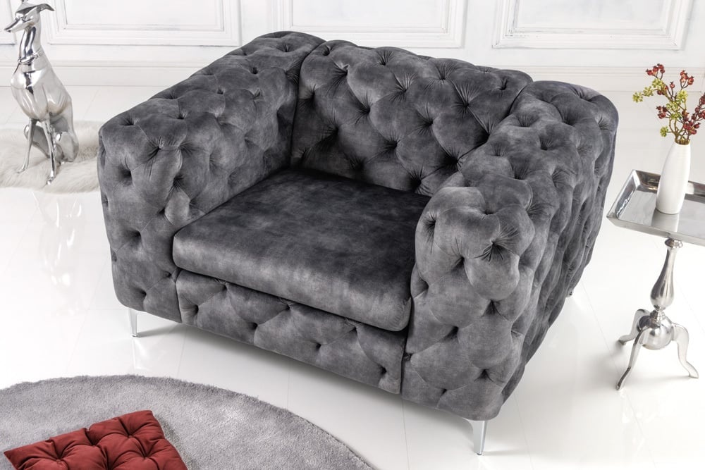 Design Chesterfield fauteuil MODERN BAROQUE 120cm donkergrijs fluweel - 41297