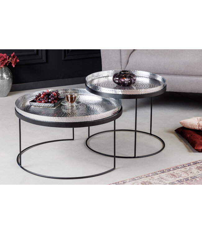 Invicta Interior Set van 2 ronde salontafels ELEMENTS 60cm zilverzwart metalen dienblad bijzettafel - 42729