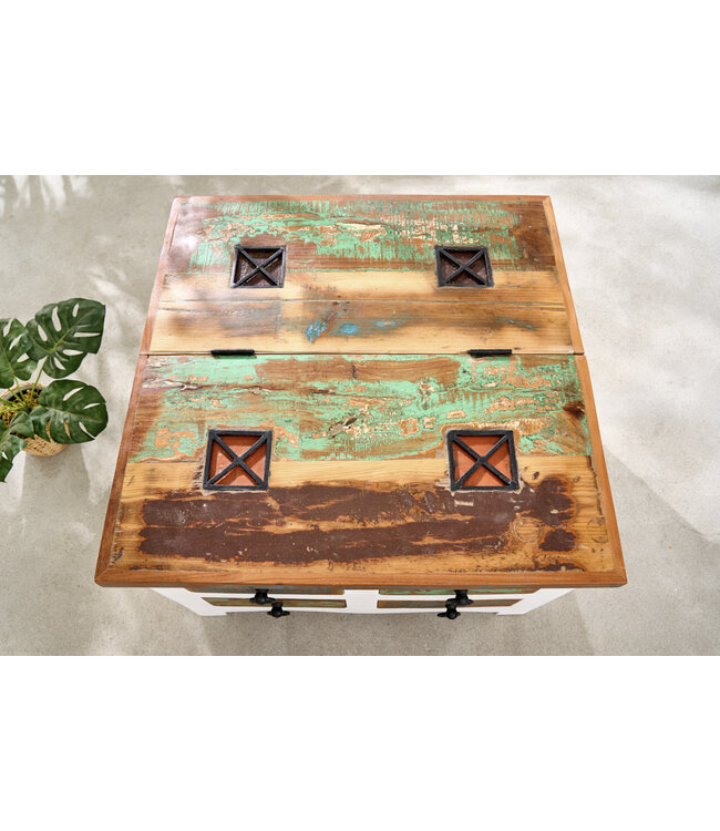 Invicta Interior Massieve salontafel JAKARTA 70cm mangowitte kleurrijke ladekast gemaakt van gerecycled vissersbotenhout met lades - 42149