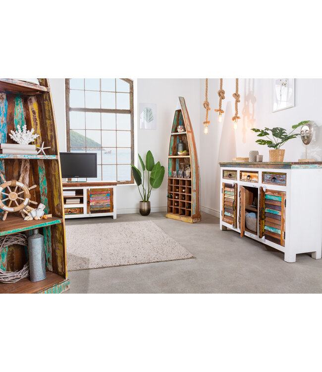 Invicta Interior Massieve salontafel JAKARTA 70cm mangowitte kleurrijke ladekast gemaakt van gerecycled vissersbotenhout met lades - 42149