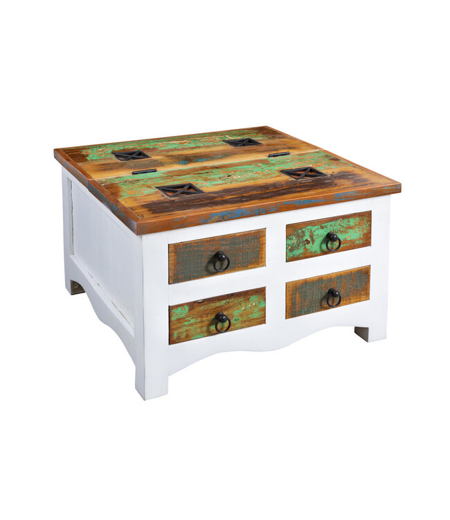 Invicta Interior Massieve salontafel JAKARTA 70cm mangowitte kleurrijke ladekast gemaakt van gerecycled vissersbotenhout met lades - 42149