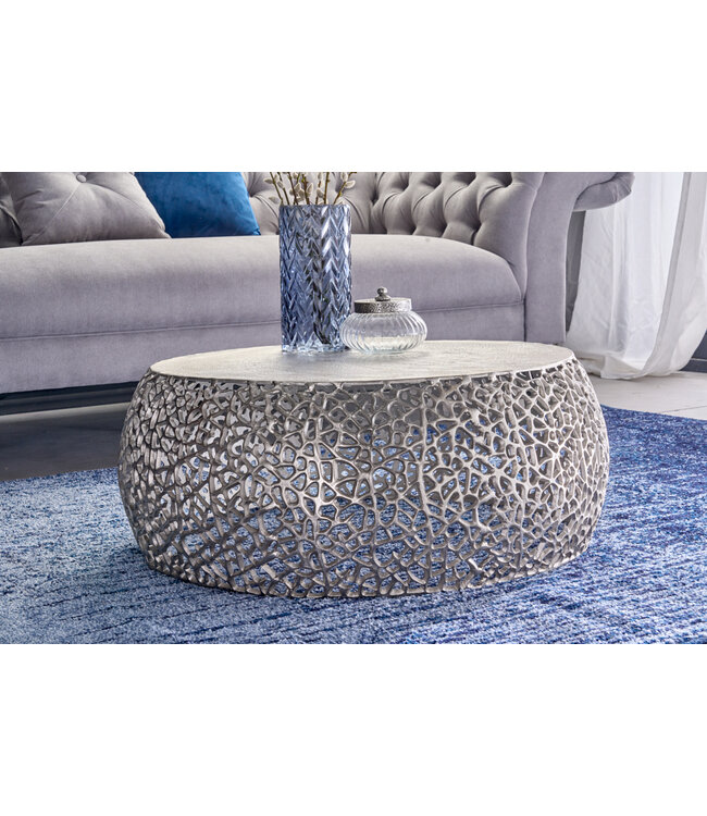 Invicta Interior Ronde salontafel ABSTRACT BLAD 75cm antiek zilver metaal filigraan handgemaakt - 43229