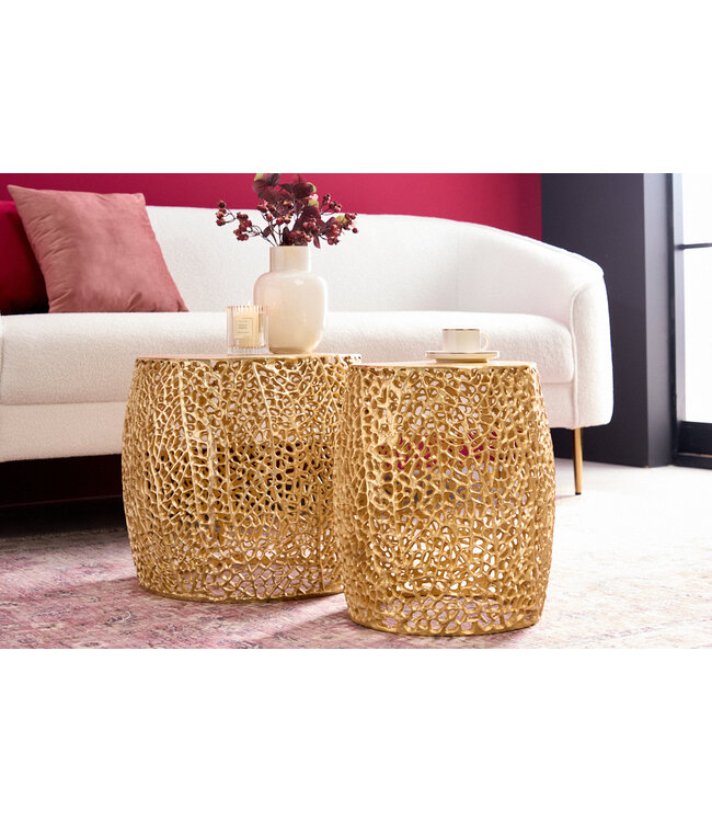 Invicta Interior Set van 2 filigrane design salontafels ABSTRACT LEAF goud handgemaakt metaal rond - 43224
