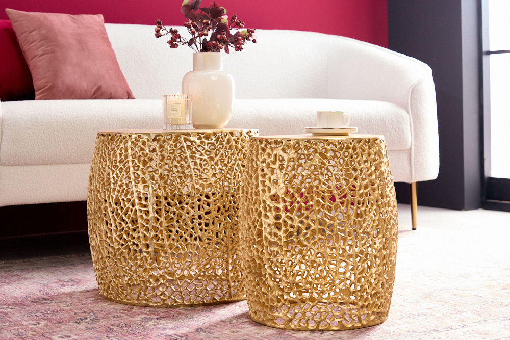 Set van 2 filigrane design salontafels ABSTRACT LEAF goud handgemaakt metaal rond - 43224 afbeelding