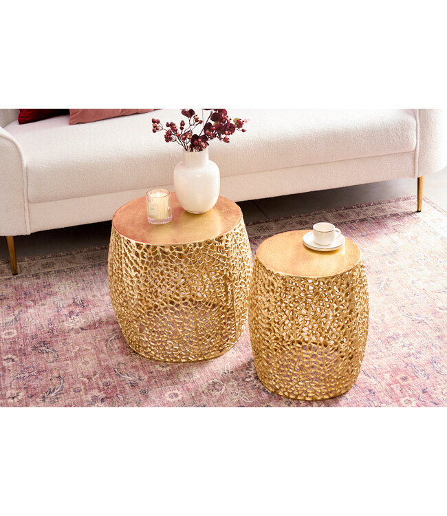 Invicta Interior Set van 2 filigrane design salontafels ABSTRACT LEAF goud handgemaakt metaal rond - 43224