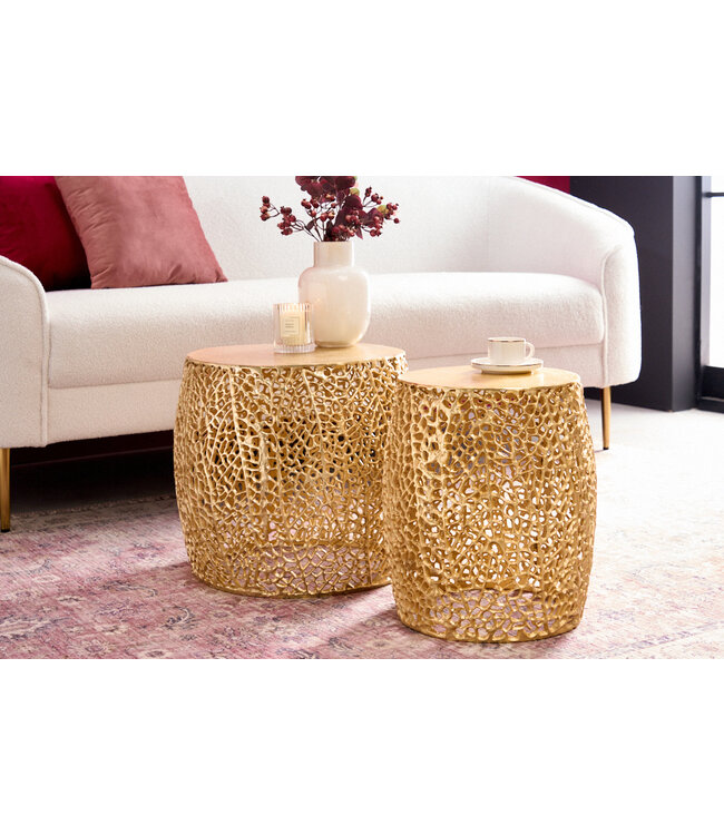 Invicta Interior Set van 2 filigrane design salontafels ABSTRACT LEAF goud handgemaakt metaal rond - 43224