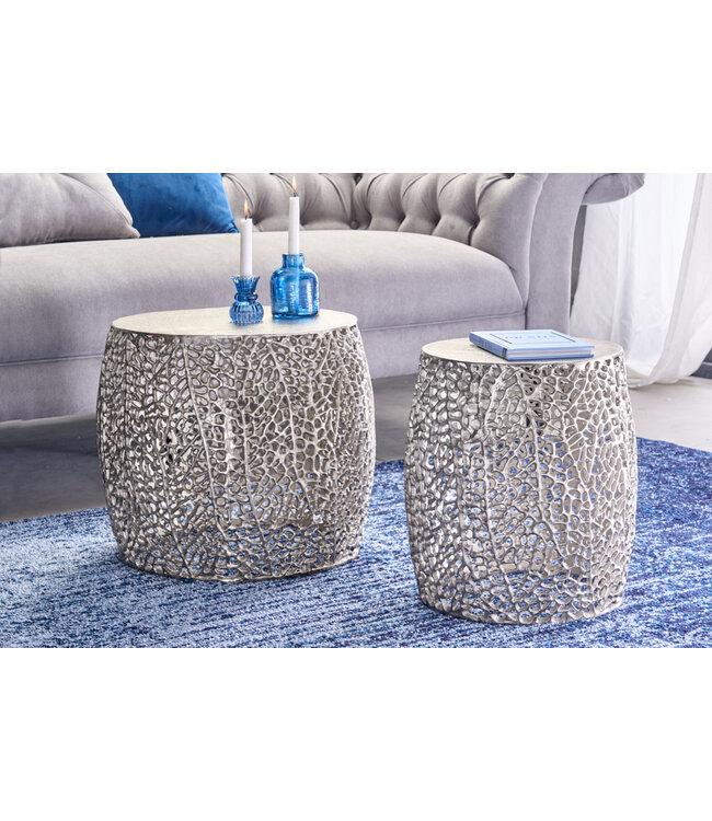 Invicta Interior Set van 2 filigrane design salontafels ABSTRACT LEAF antiek zilver handgemaakt rond - 43226