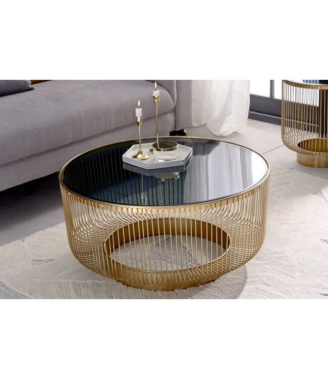 Invicta Interior Ronde salontafel VARIATION 80cm goud metalen frame zwart glas handgemaakt vintage design - 43233
