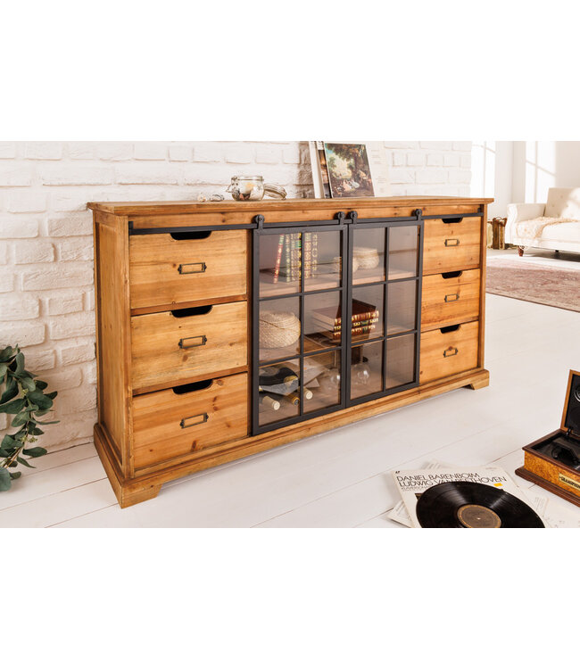 Invicta Interior Massief dressoir HERITAGE 148 cm naturel grenen industrieele deuren metalen vitrinekast - 40881