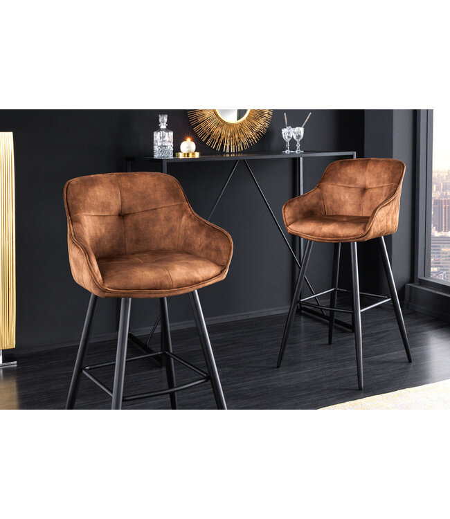 Invicta Interior Design barkruk EUPHORIA bruin fluweel zwart metalen poten barstoel met rugleuning - 43689