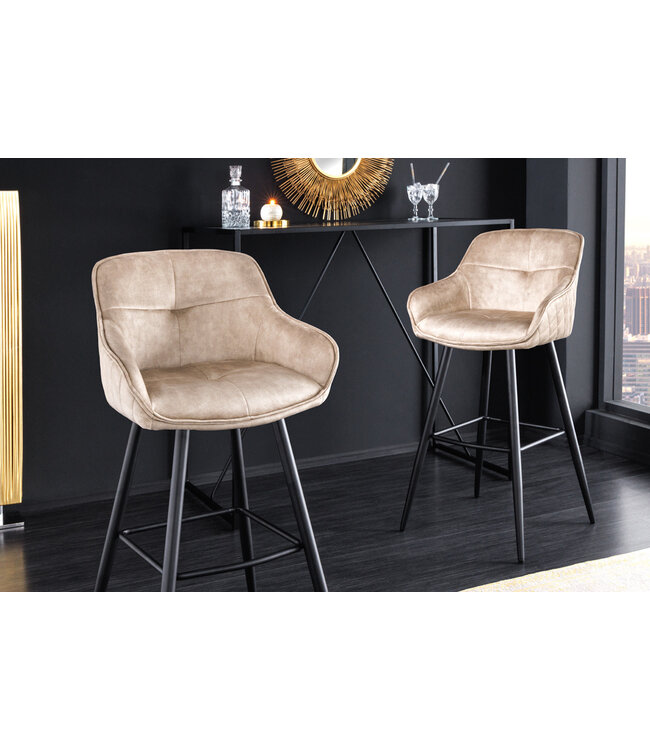 Invicta Interior Design barkruk EUPHORIA champagne grijs fluweel zwart metalen poten barstoel met rugleuning - 43686