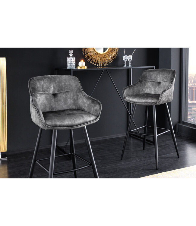 Invicta Interior Design barkruk EUPHORIA grijs fluweel zwart metalen poten barstoel met rugleuning - 43690
