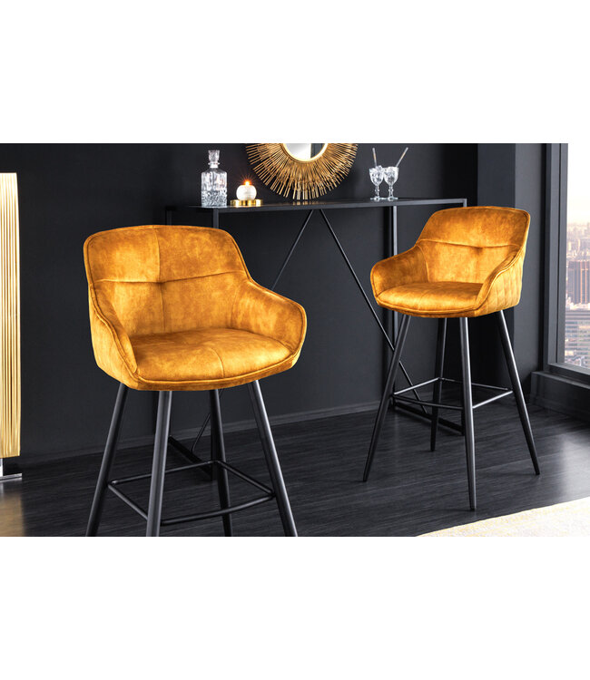 Invicta Interior Design barkruk EUPHORIA mosterdgeel fluweel zwart metalen poten barstoel met rugleuning - 43687