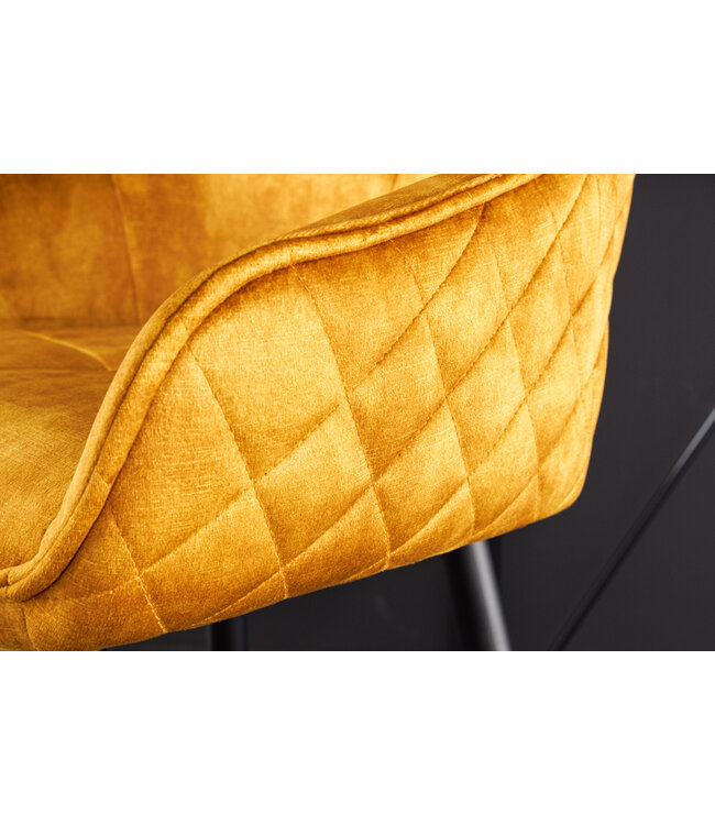 Invicta Interior Design barkruk EUPHORIA mosterdgeel fluweel zwart metalen poten barstoel met rugleuning - 43687