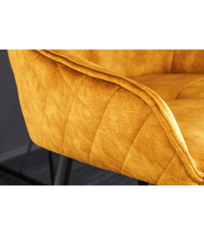 Invicta Interior Design barkruk EUPHORIA mosterdgeel fluweel zwart metalen poten barstoel met rugleuning - 43687