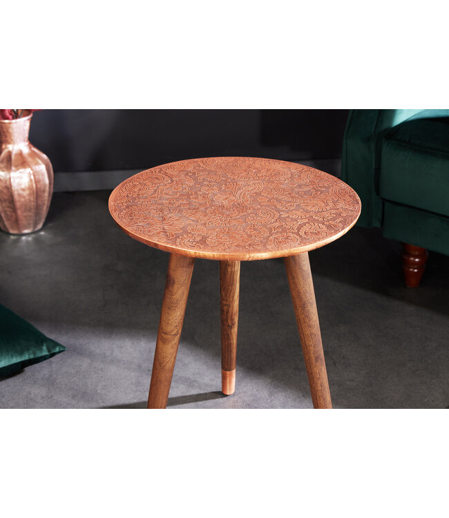 Invicta Interior Design bijzettafel ALCAZAR 50cm antiek koper metaal acacia handgemaakt rond - 43354