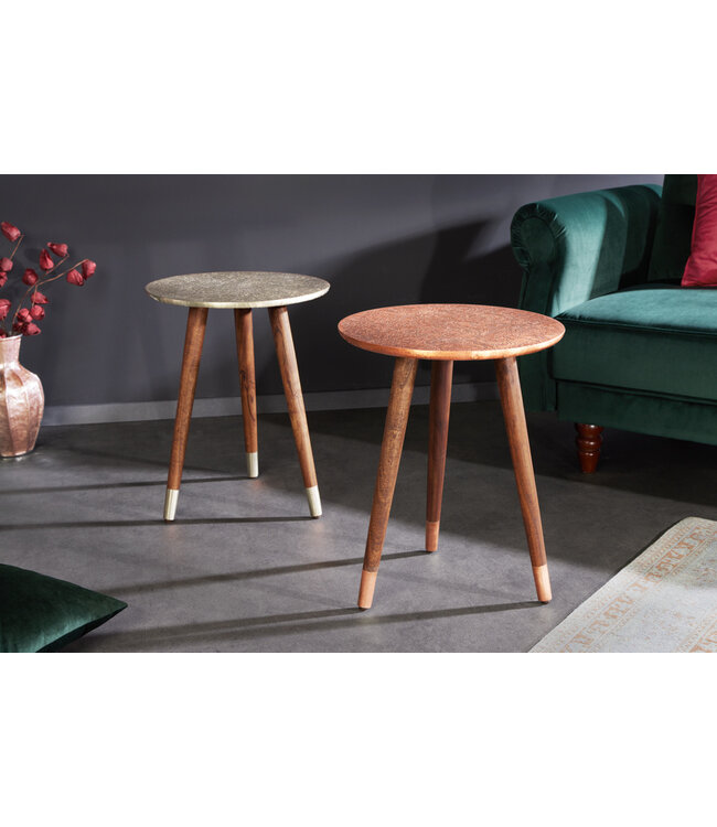 Invicta Interior Design bijzettafel ALCAZAR 50cm antiek koper metaal acacia handgemaakt rond - 43354